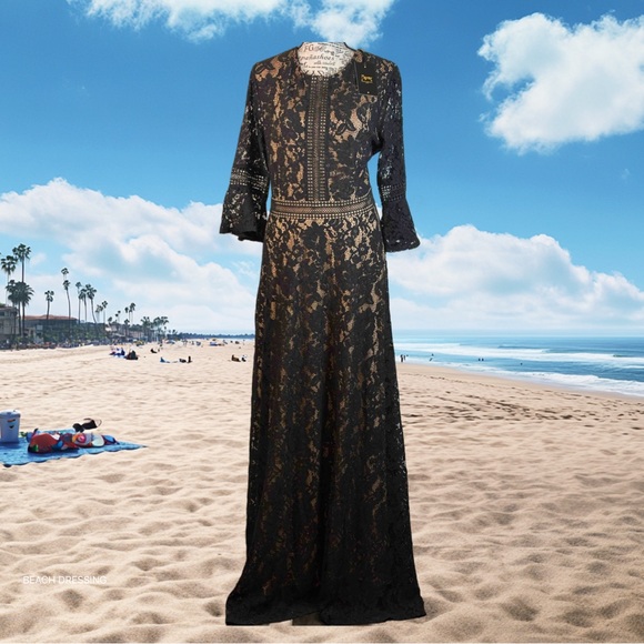 Missmay, SZ XL, Black Lace 3/4 Bell Tapered Waist Flowing Black Maxi Dress.  - divino.acegroup.co.in